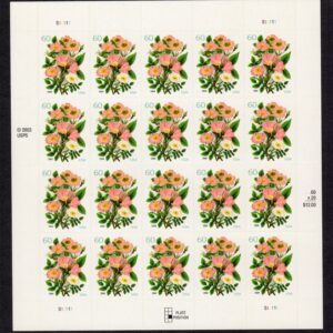 Scott #3837 Pink Roses Bouquet Sheet of 20 Stamps - MNH Position #6