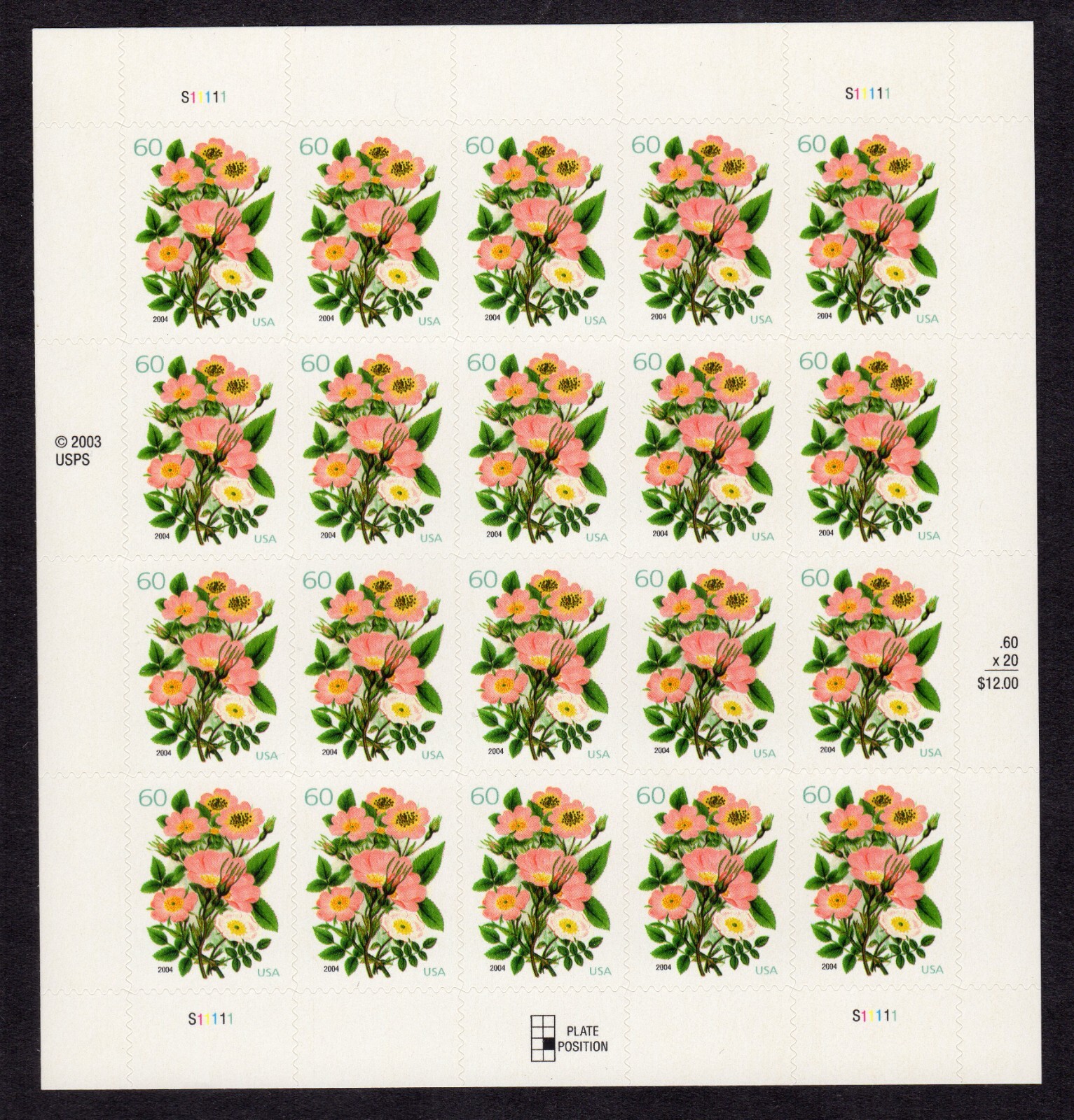 Scott #3837 Pink Roses Bouquet Sheet of 20 Stamps - MNH Position #6
