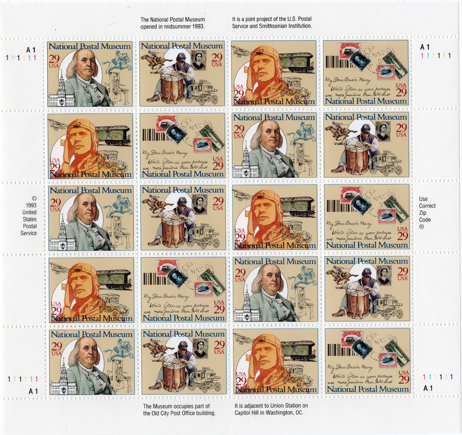 Scott #2782a (2779) National Postal Museum Sheet of 20 Stamps - MNH P#A1-111111