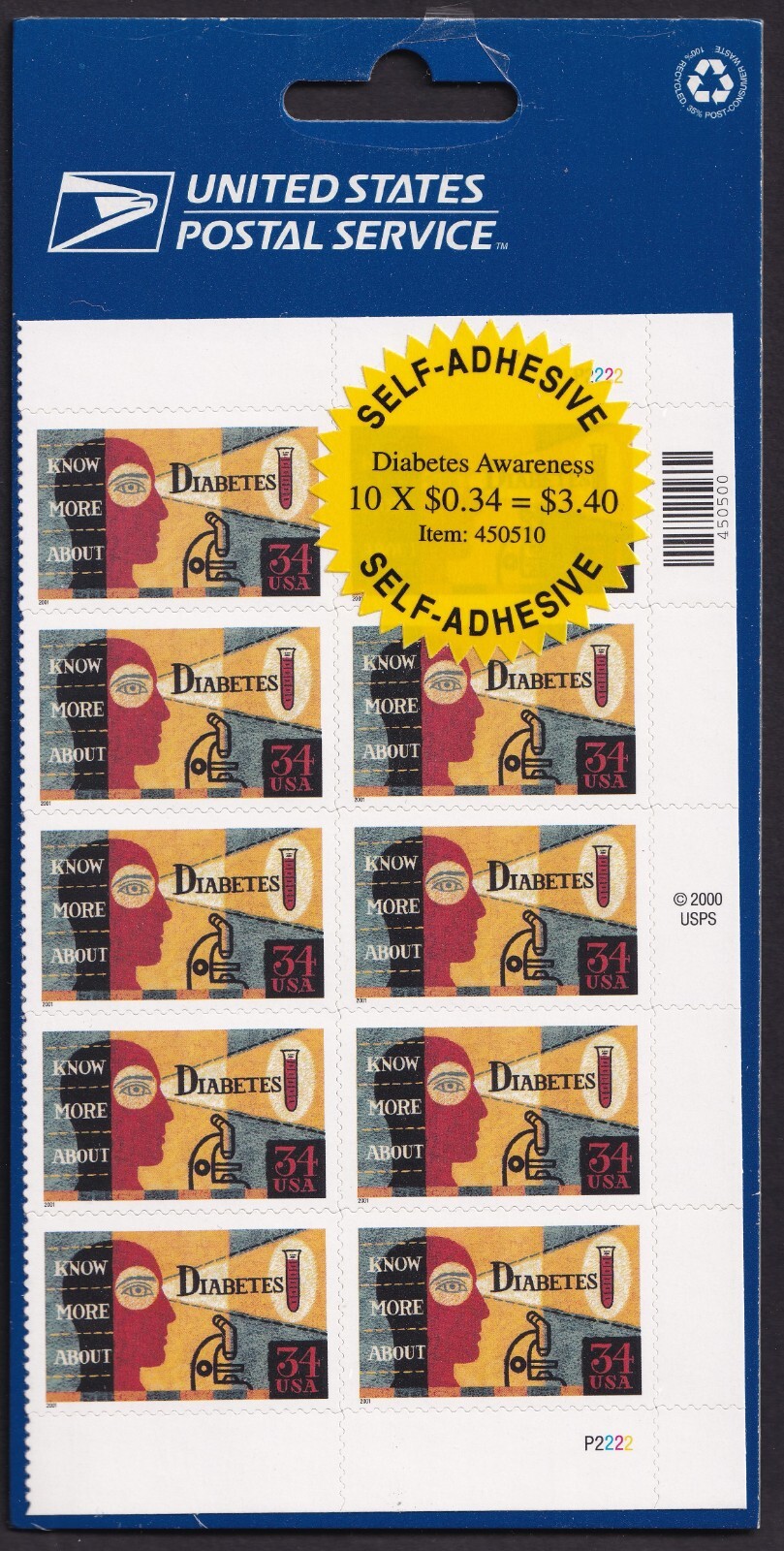 Scott #3503 Diabetes Half Sheet (Plate Block) of 10 Stamps - Sealed Blue