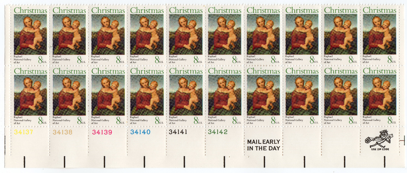Scott #1507 Madonna (Raphael) Plate Block of 20 Stamps - MNH