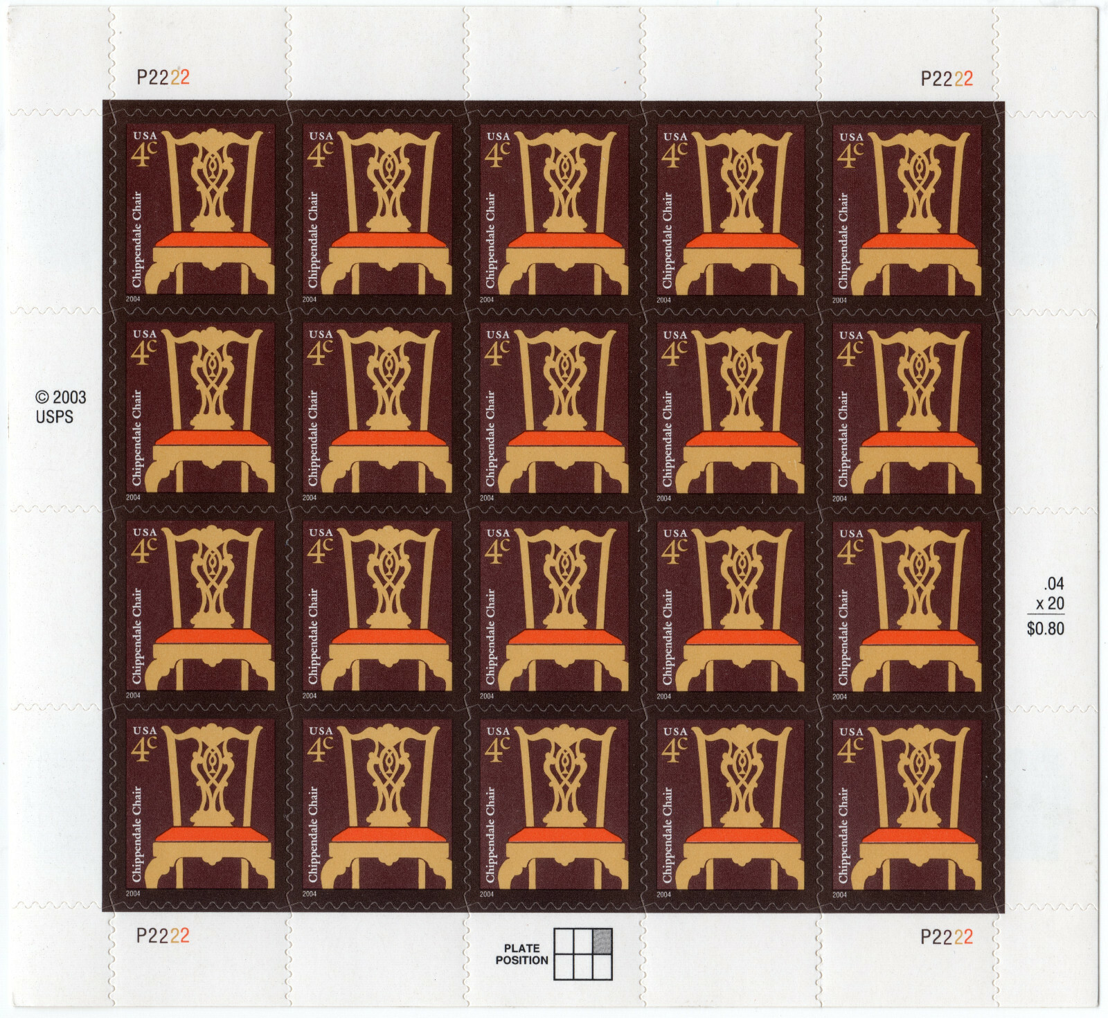 Scott #3755 CHIPPENDALE CHAIR (Early American Design) Sheet of 20 Stamps - MNH