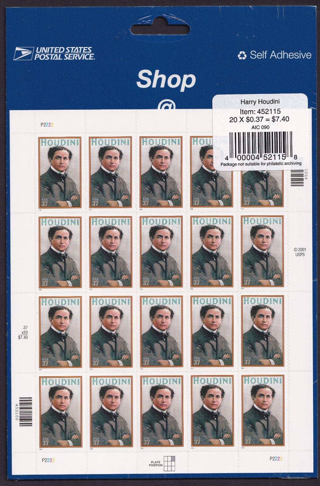 Scott #3651 Houdini Full Sheet of 20 Stamps - Sealed