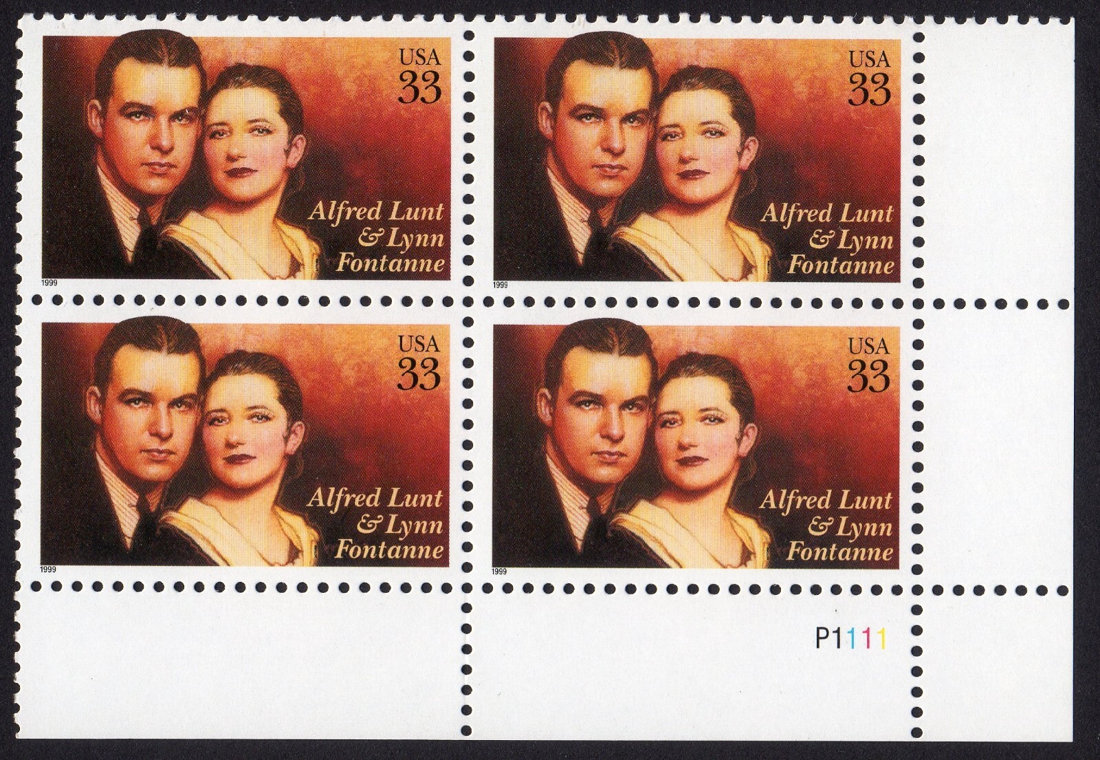 Scott #3287 Alfred Lunt & Lynn Fontanne Plate Block of 4 Stamps - MNH