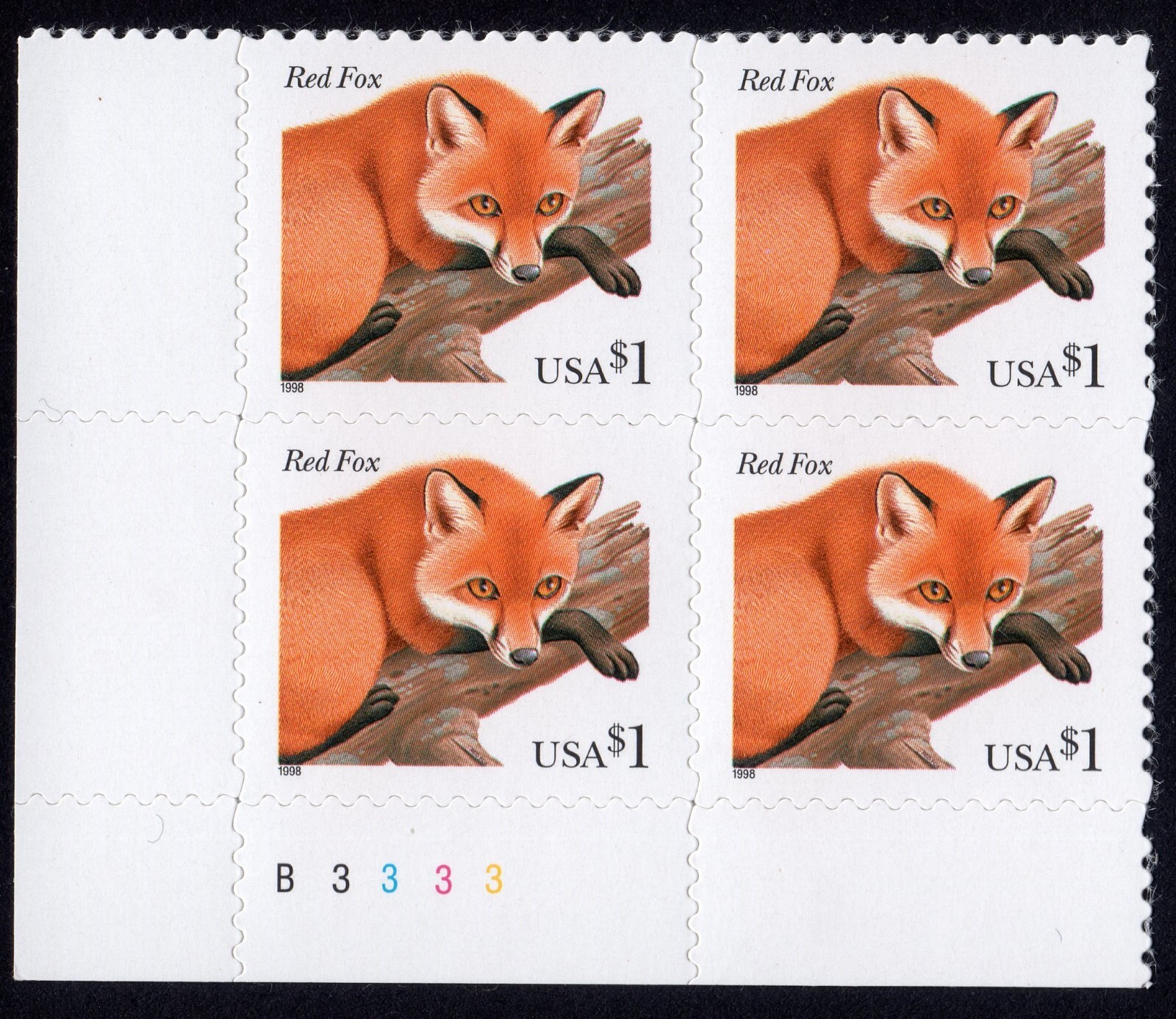 Scott #3036 Red Fox Plate Block of 4 Stamps (P#B3333 LL) - MNH #3
