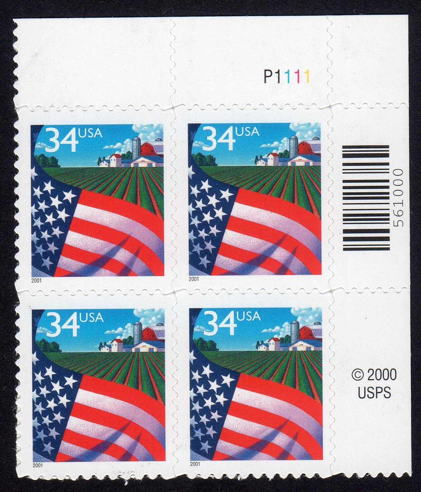 Scott #3470 Flag over Farm Plate Block of 4 Stamps - MNH