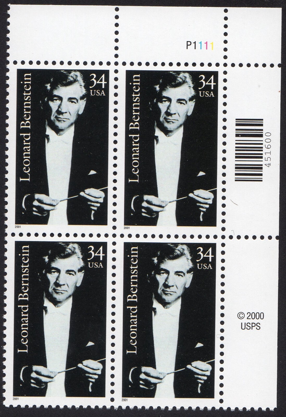 Scott #3521 Leonard Bernstein Plate Block of 4 Stamps - MNH