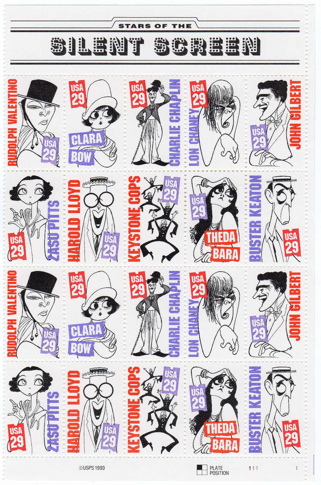 Scott #2828a Silent Screen Right Half Sheet of 20 Stamps - MNH