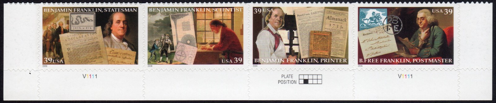 Scott #4024a Benjamin Franklin Plate Strip of 4 Stamps - MNH Bottom