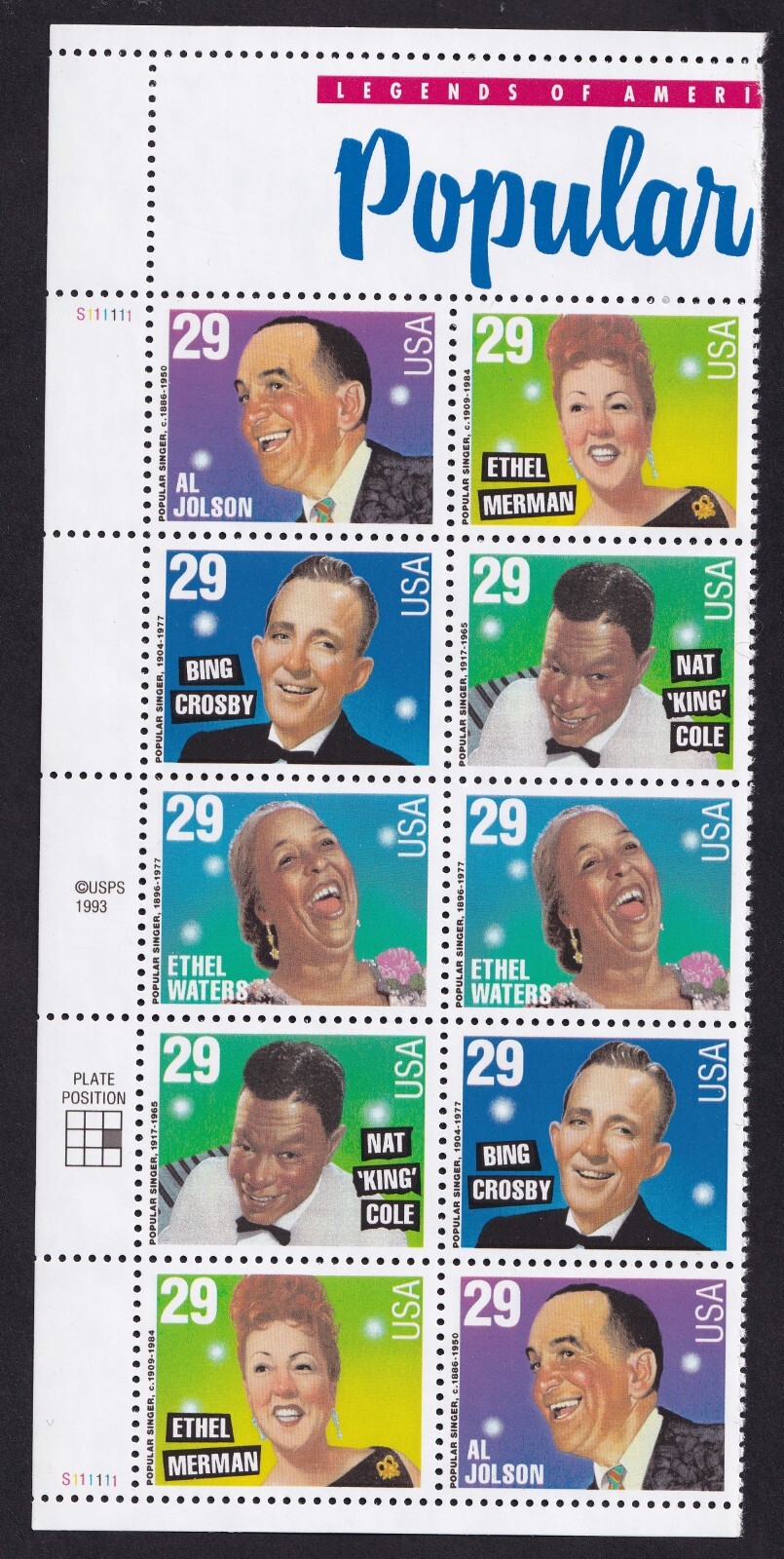 Scott #2849-2853 Popular Singers (Bing Cosby) Left Half Sheet of 10 Stamps - MNH