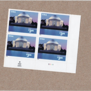 US Scott #3647 Jefferson Memorial Plate Block Of 4 Stamps - Sealed (LR)