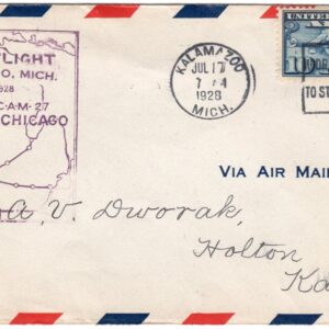 Scott #c7 First Flight Bay City to Chicago Kalamazoo, MI 07/17/1928 Kansas City