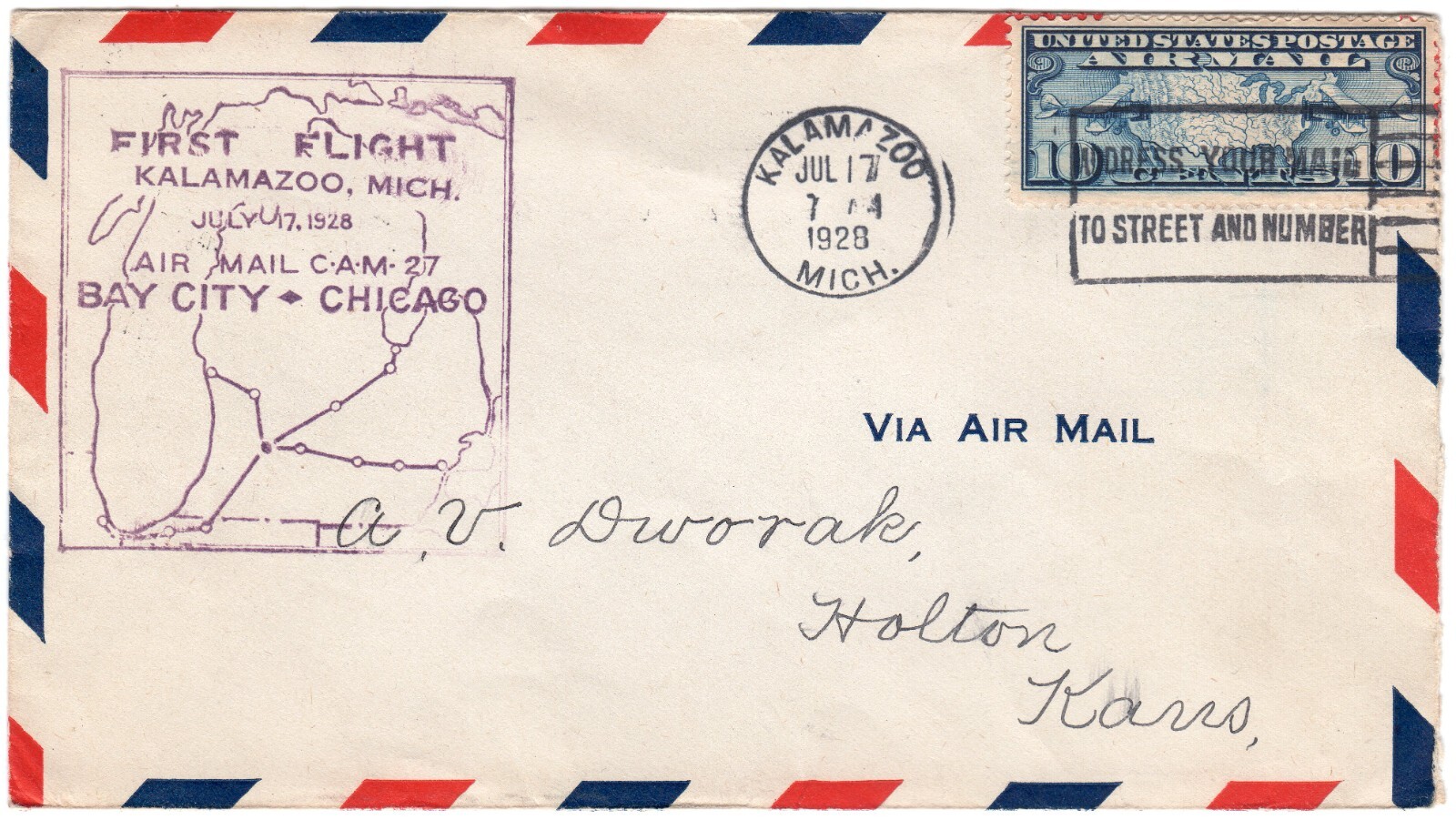 Scott #c7 First Flight Bay City to Chicago Kalamazoo, MI 07/17/1928 Kansas City