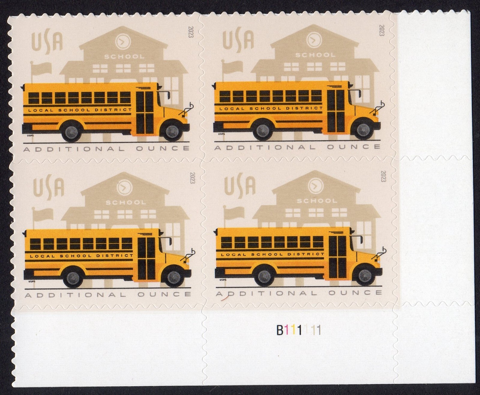 Scott #5740 School Bus Additional Ounce Plate Block of 4 Stamps - MNH