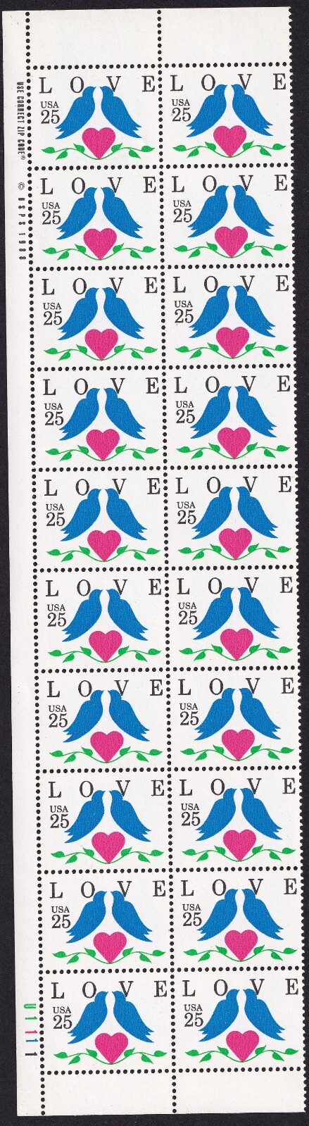 Scott #2440 Love Birds Plate Block of 20 Stamps - MNH