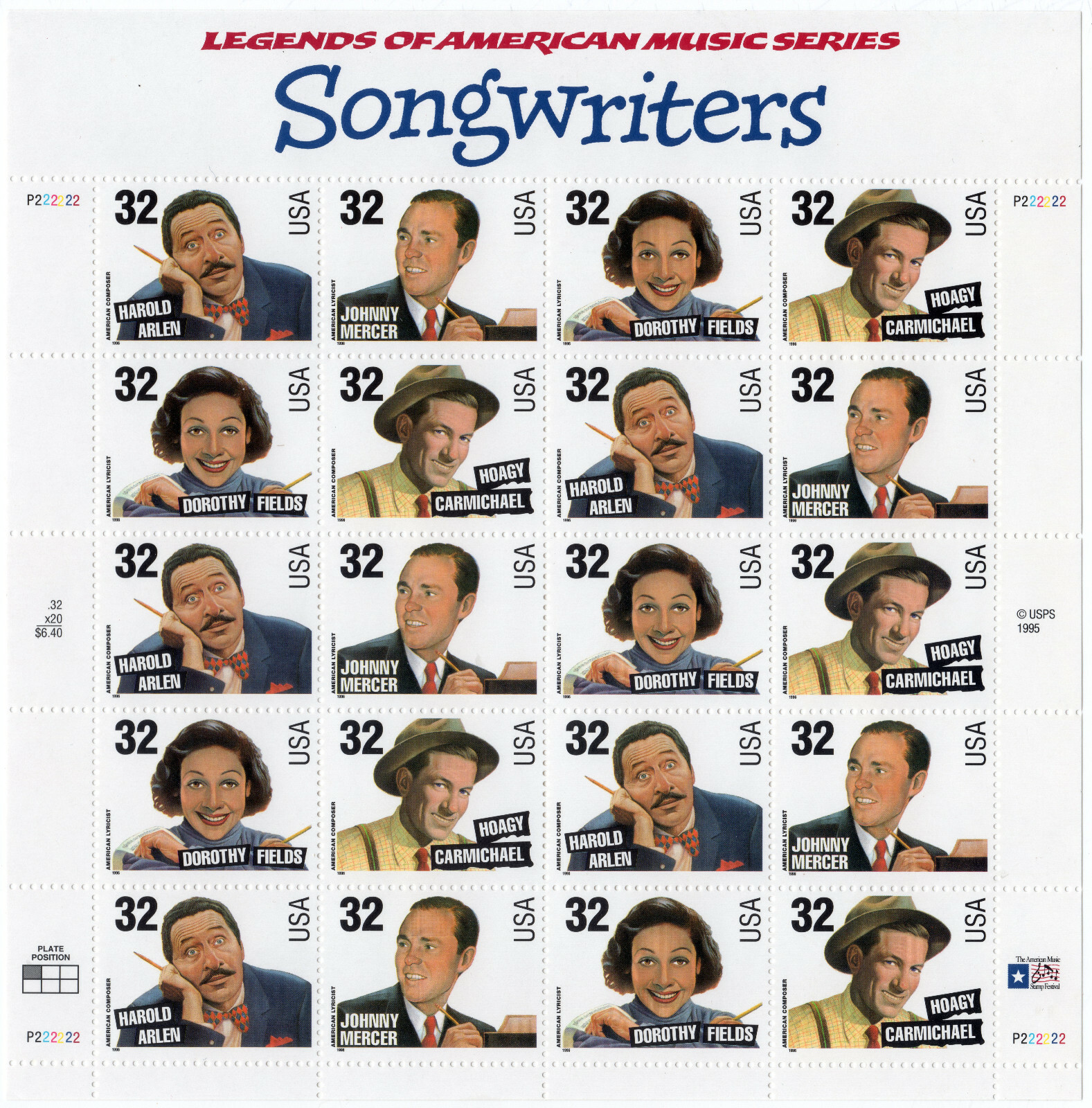 Scott #3103a (3100) Songwriters - 32¢ Stamp Sheet of 20 Stamps - MNH P#P222222