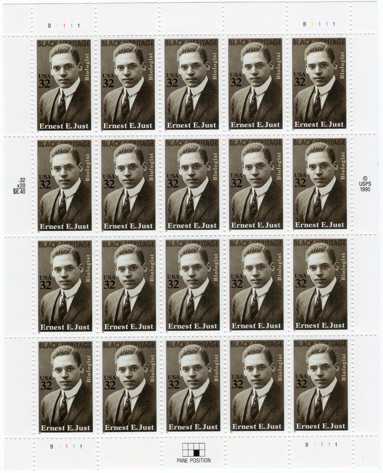 Scott #3058 Ernest Just (Black Heritage) Full Sheet of 20 32¢ Stamps - MNH