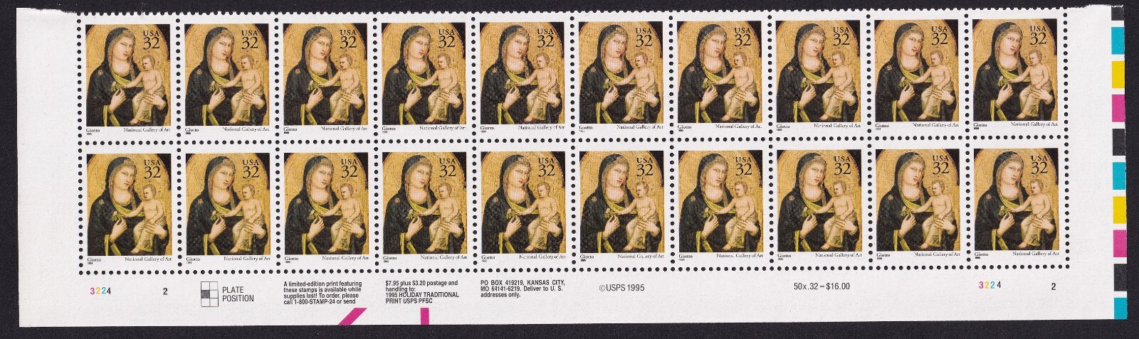Scott #3003 Madonna (Mary, Giotto) Plate Block of 20 Stamps - MNH #1