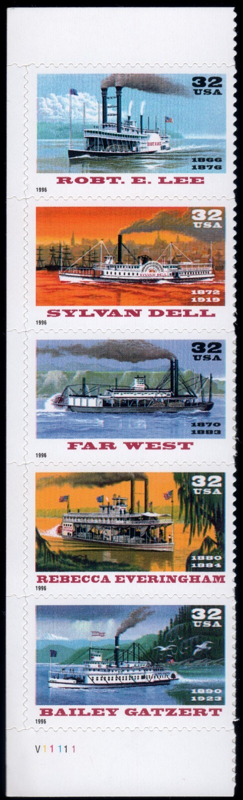 Scott #3091-3095a RiverBoats (Early Cruise Ships) Plate Strip of 5 Stamps MNH LL