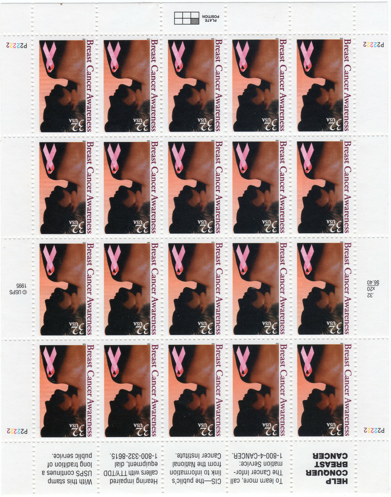 Scott #3081 Breast Cancer Awareness Full Sheet of 20 32¢ Stamps - MNH