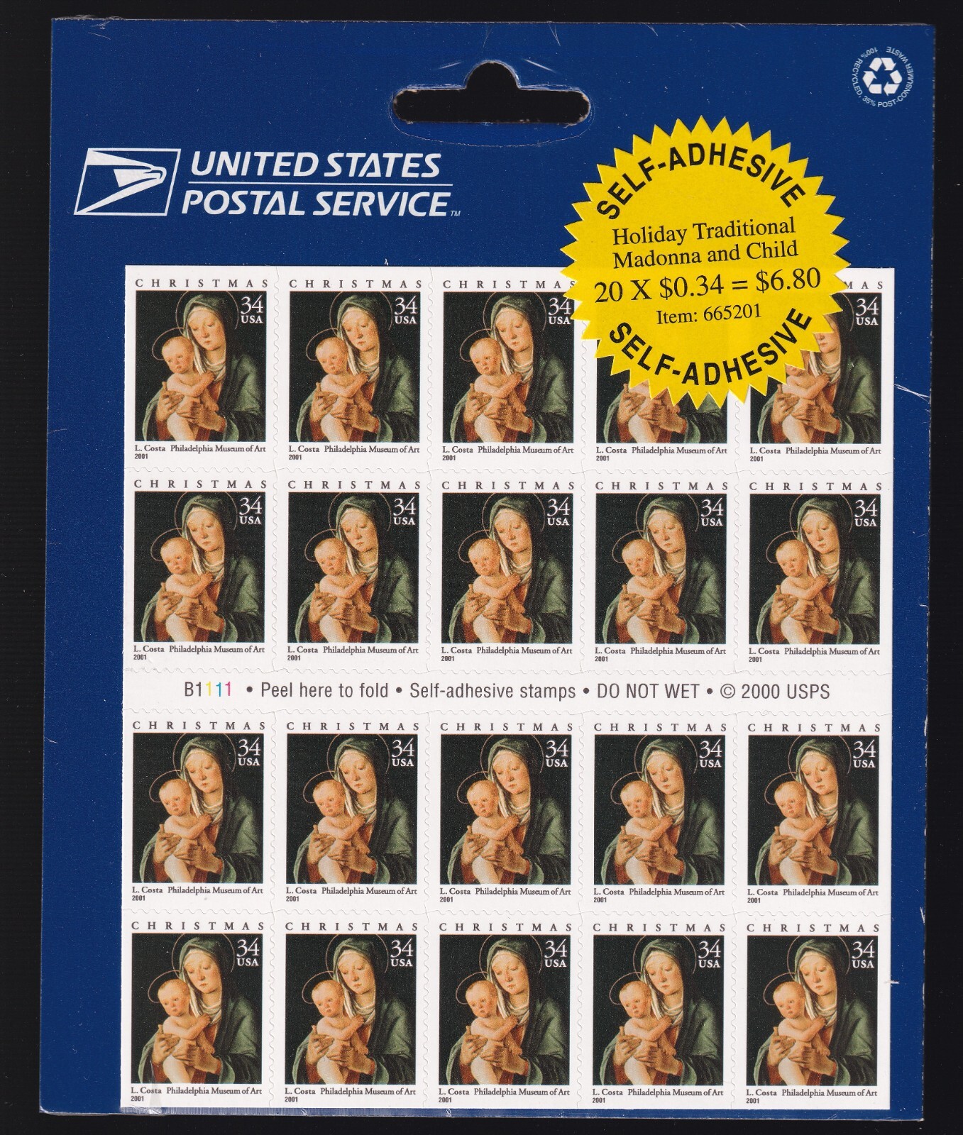 Scott #3536a Madonna & Child Booklet of 20 34¢ Stamps - Sealed