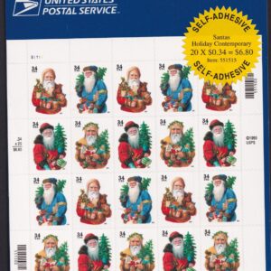 Scott #3540b (3537-3540) Santa Claus and Tree Sheet Of 20 Stamps - Sealed