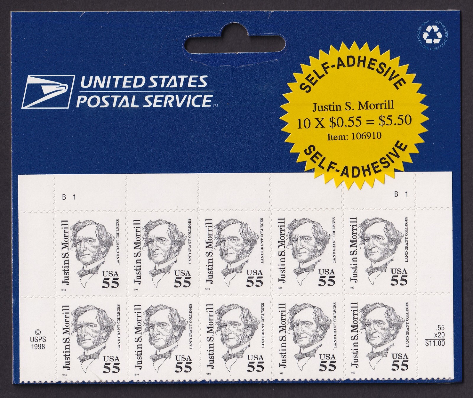 Scott #2941 Justin S. Morrill (Vermont) Plate Block of 10 Stamps - Sealed