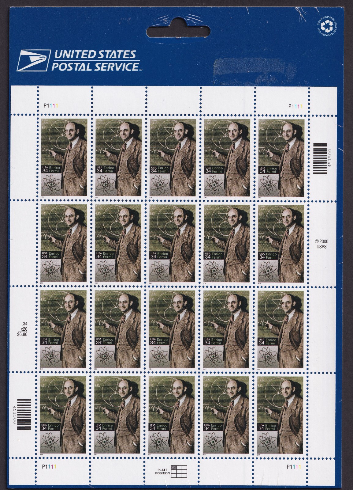Scott #3533 Enrico Fermi Sheet of 20 Stamps - Sealed