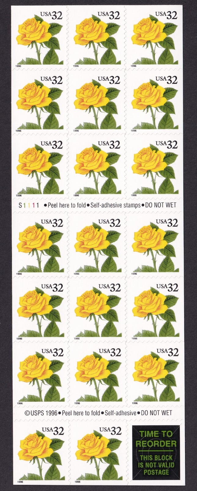 Scott #3049a 32¢ Yellow Rose Booklet of 20 Stamps - MNH P#S1111 Rose Bowl