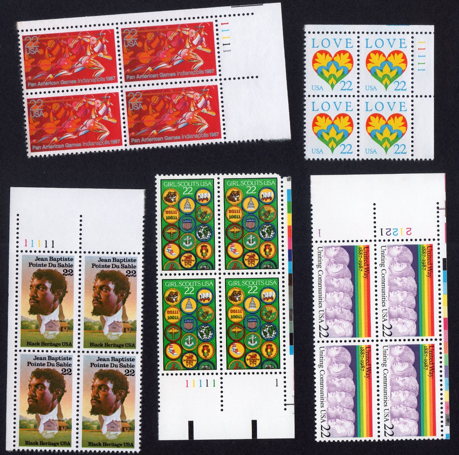 Scott #2247-2248-2249-2251-2275 Love Girl Scouts Plate Block of 4 Stamps - MNH