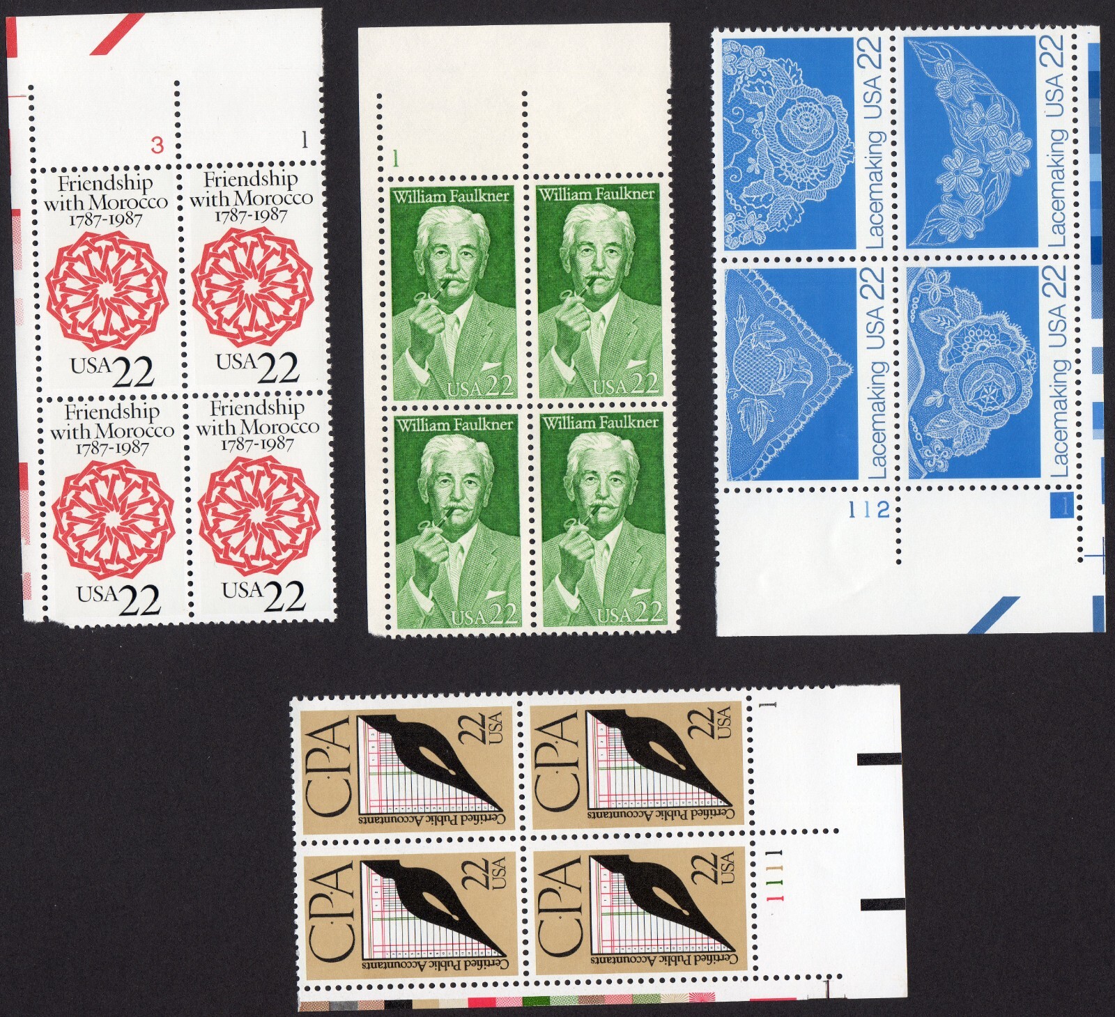 Scott #2349-2350-2354a-2361 CPA Lacemaking Plate Block of 4 Stamps - MNH