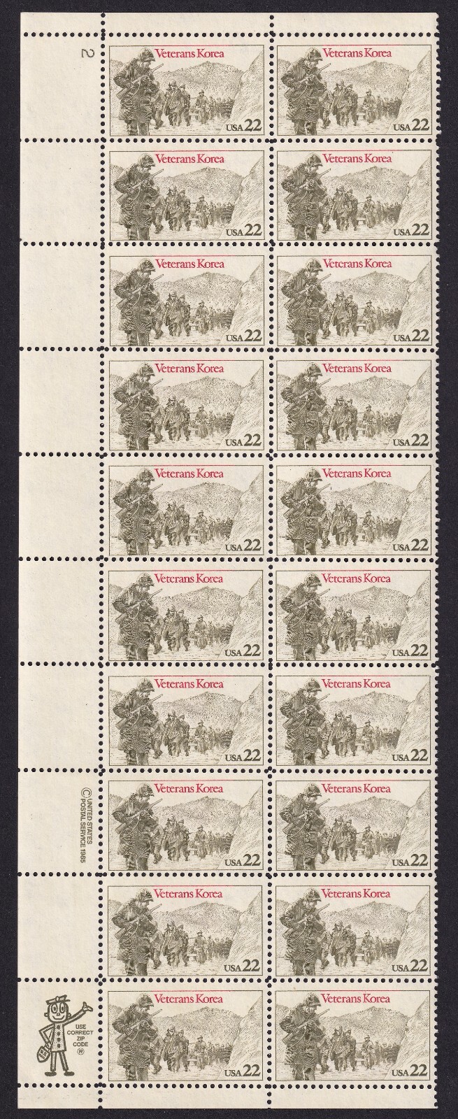 Scott #2152 Veterans Korea Plate Block of 20 Stamps - MNH P#2