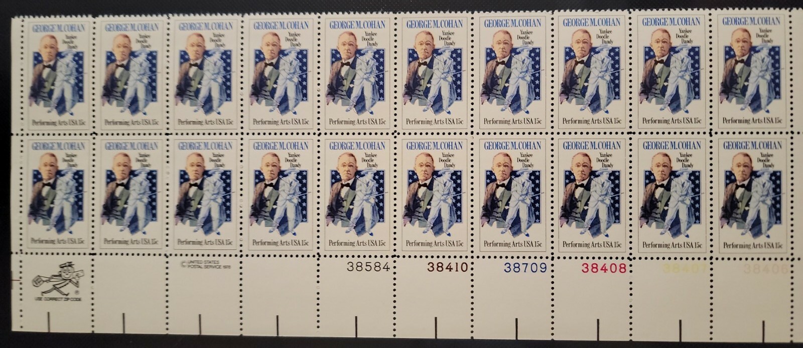 Scott #1756 George Cohan (Yankee Doodle Dandy) Plate Block of 20 Stamps - MNH
