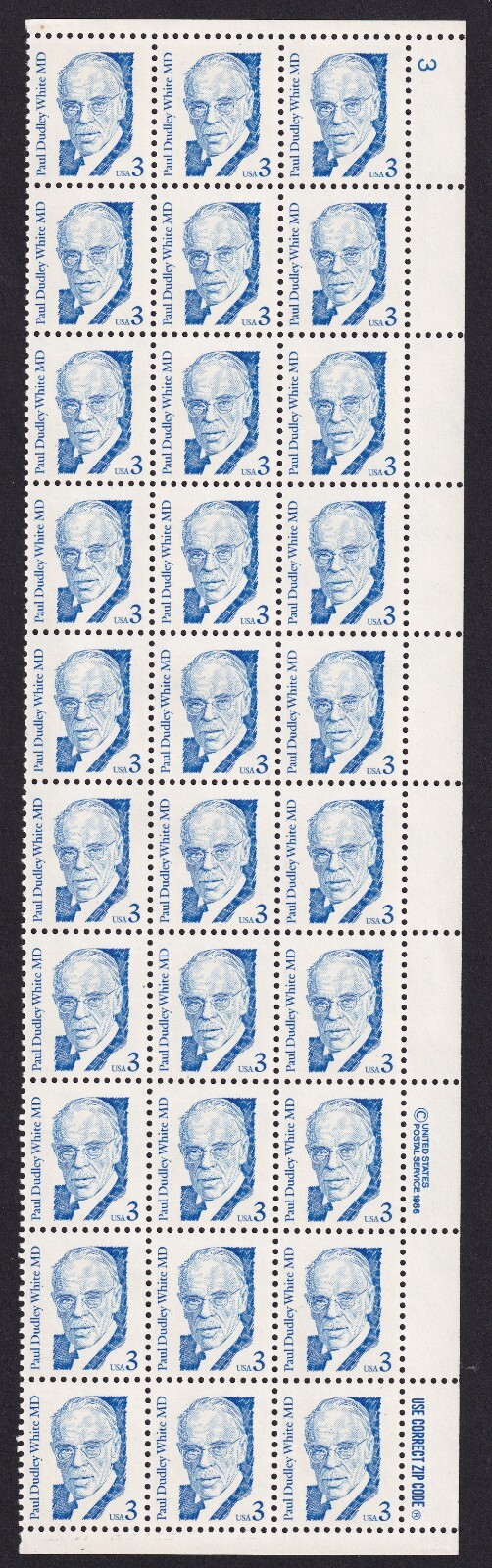 Scott #2170 Dr. Paul Dudley White Cardiologist Plate Block of 30 Stamps MNH P#3