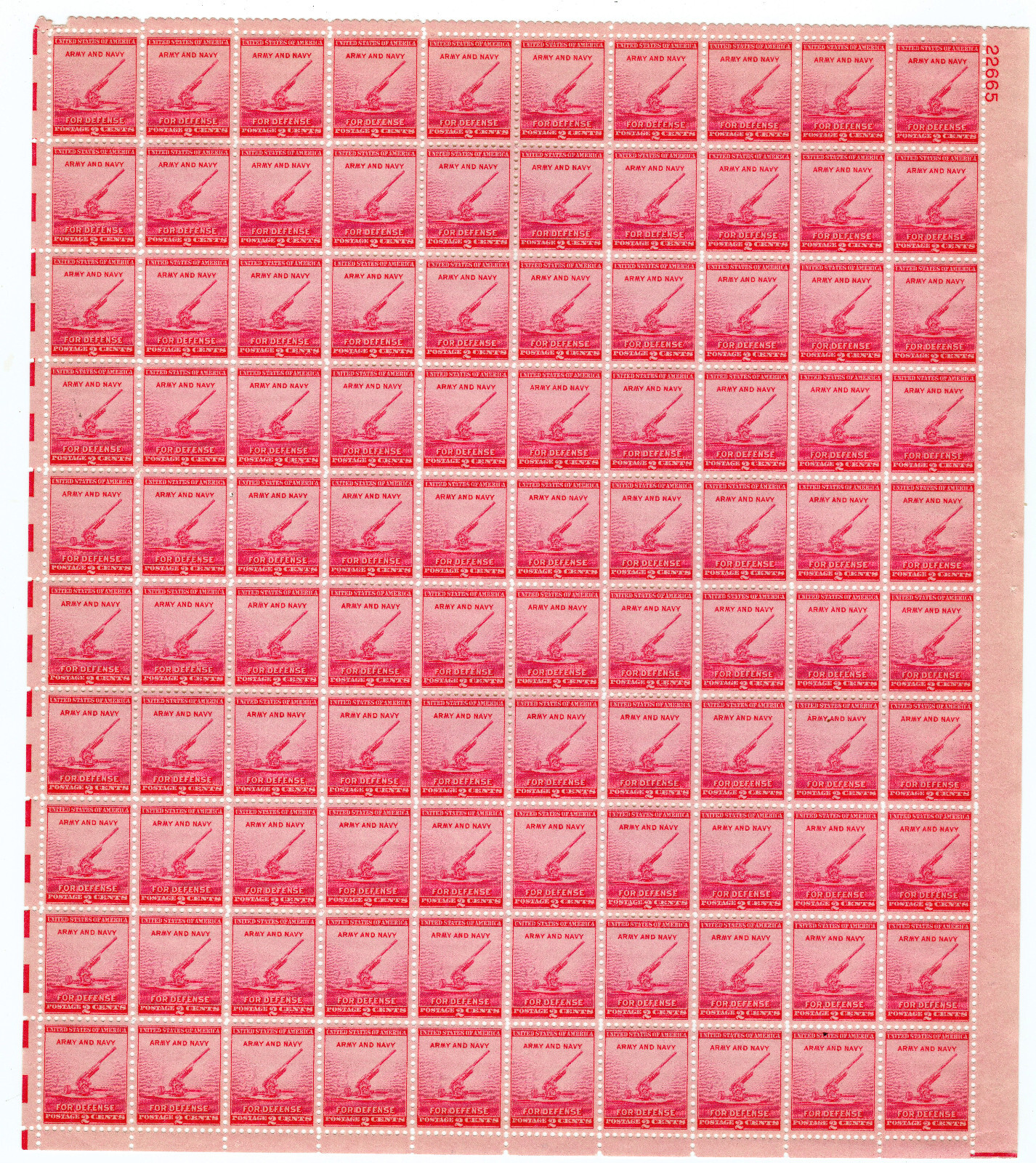 Scott #900 Army Navy For Defense Anti-Aircraft Sheet of 100 Stamps - MNH P#22665