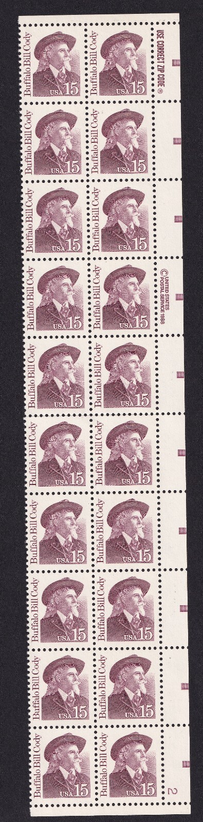 Scott #2177a Buffalo Bill Cody Plate Block of 20 Stamps - MNH P#2 PC#1