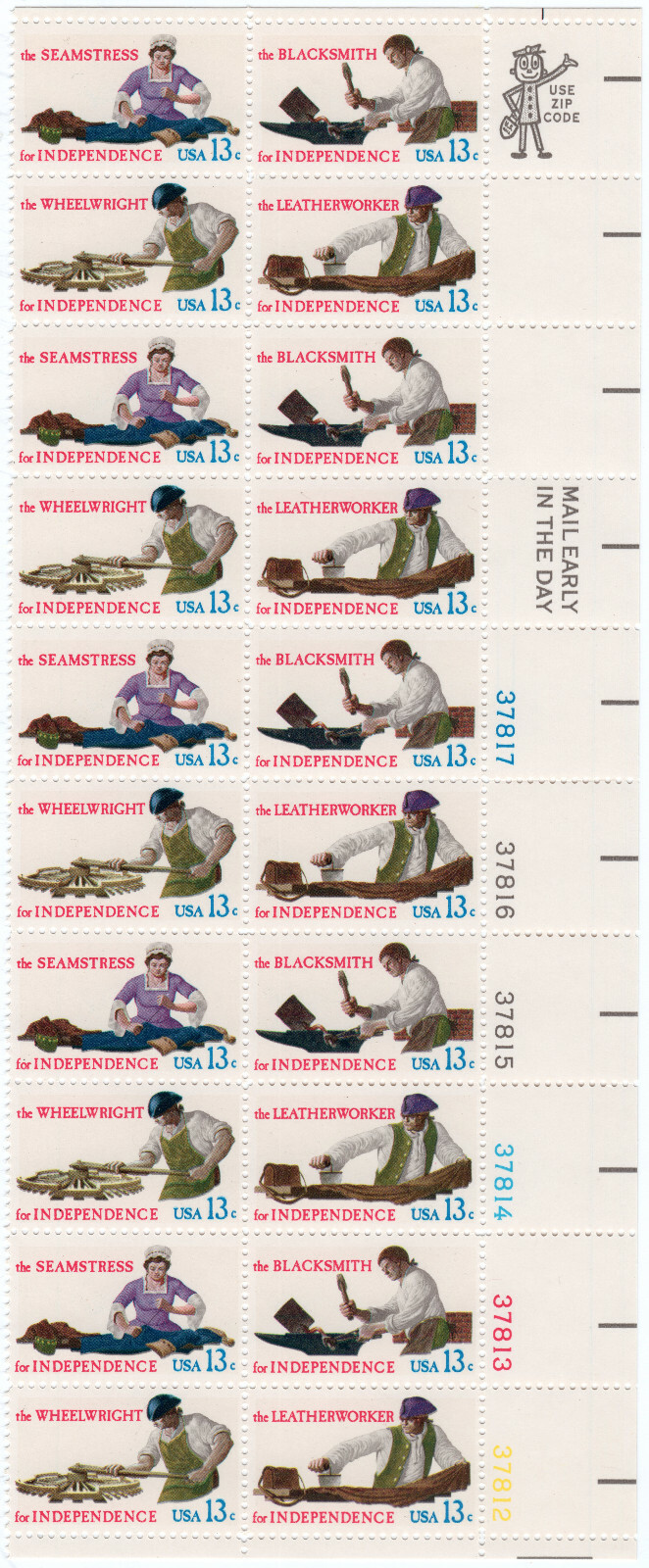 Scott #1720a (1717-20) Skilled Colonial Workers Plate Block of 20 Stamps MNH LR