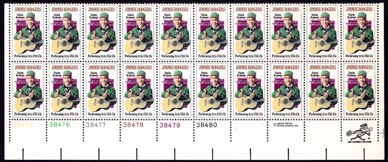 Scott #1755 Jimmie Rodgers Plate Block of 20 Stamps - MNH