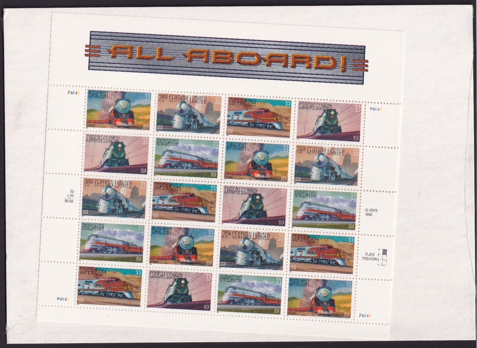 Scott #3337a (3333-3337) All Aboard! Trains Sheet of 20 Stamps - Sealed White