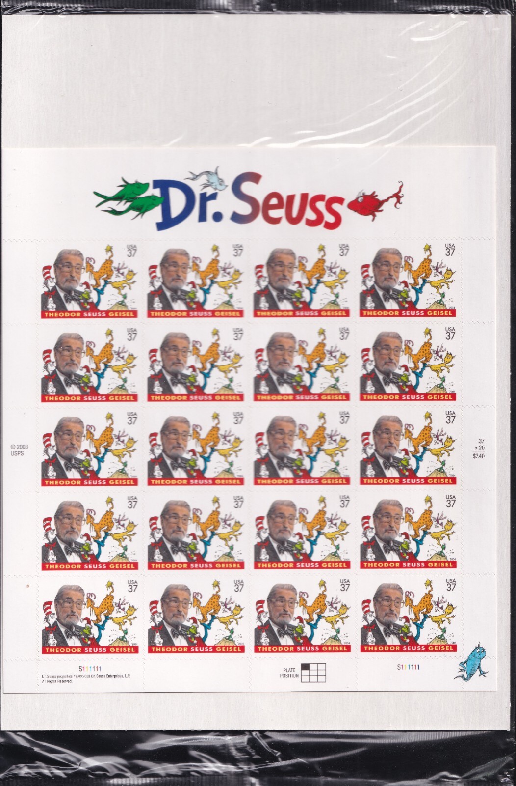 Scott #3835 Dr. Seuss (Cat In The Hat) Sheet of 20 Stamps - Sealed White