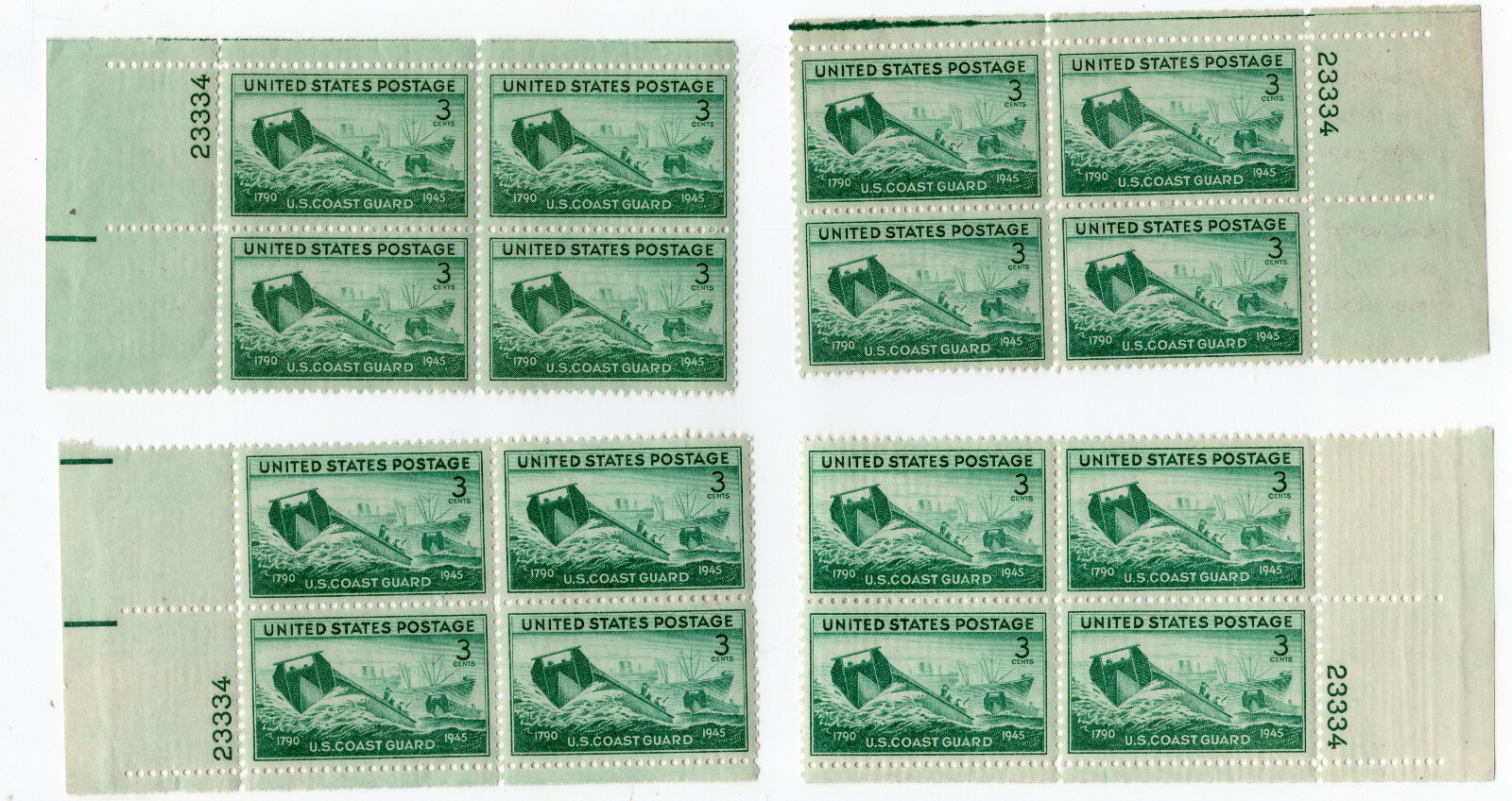 Scott #936 Coast Guard Matched Set of Plate Blocks - MNH P#23334