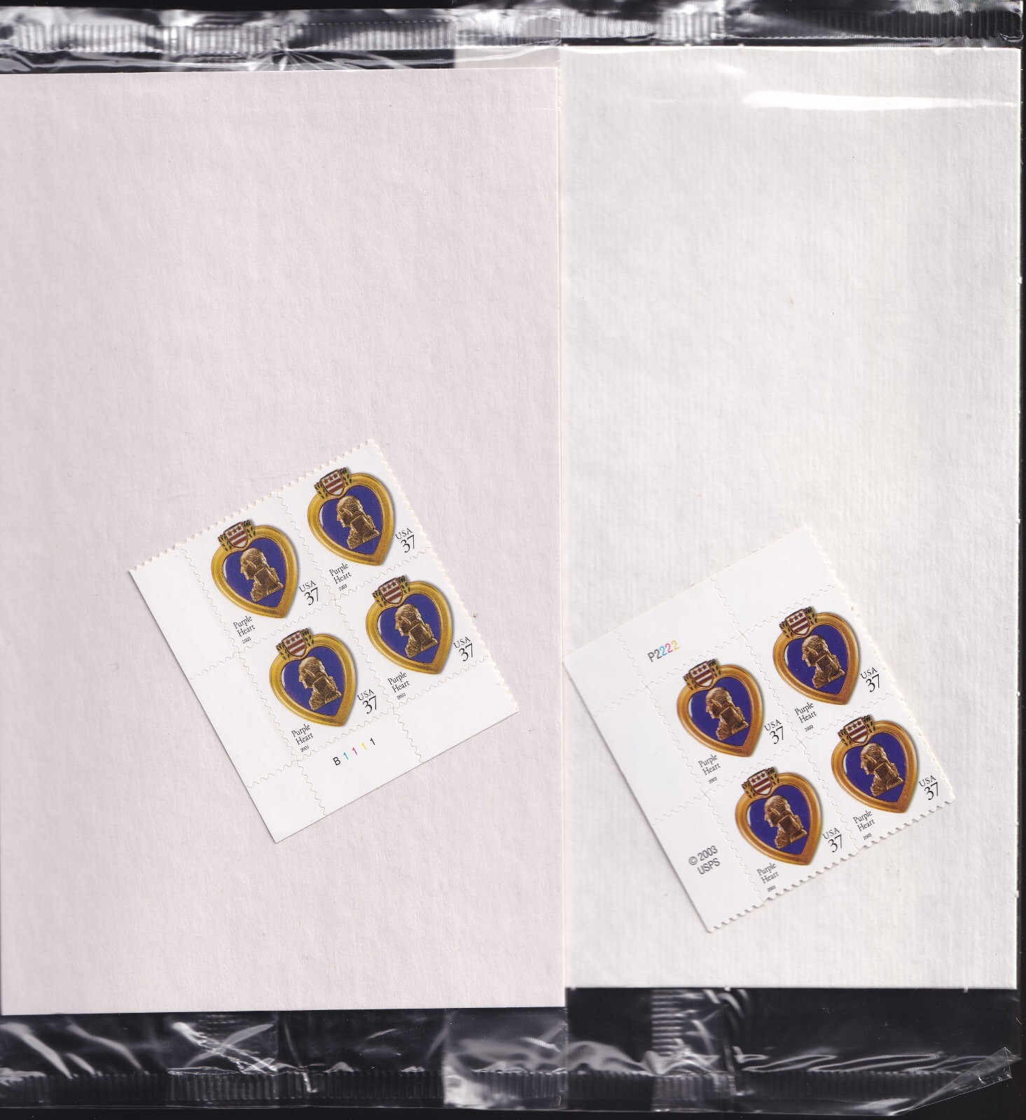 Scott #3784-3784A Purple Heart Plate Block of 4 Stamps Sealed P#P2222 & P#B1111