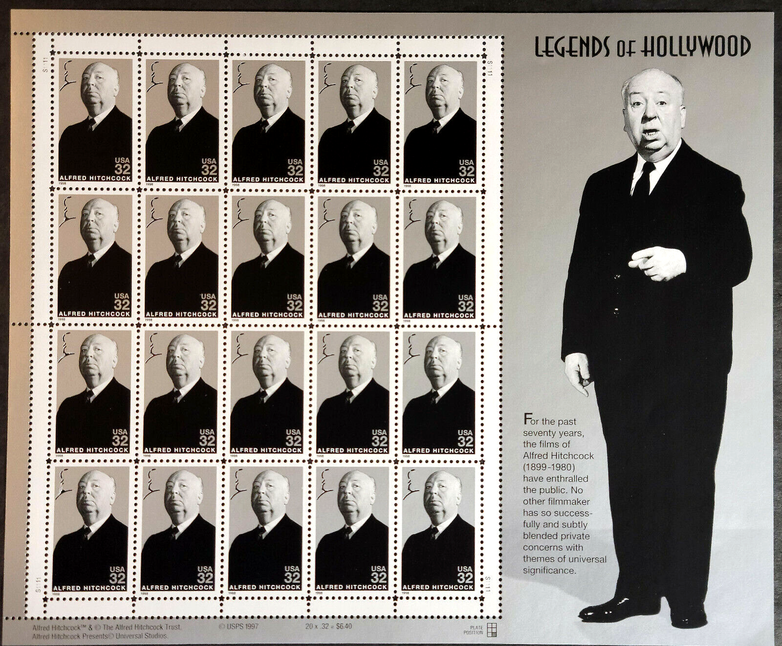 Scott #3226 Alfred Hitchcock (Rear Window, The Birds) Sheet of 20 Stamps