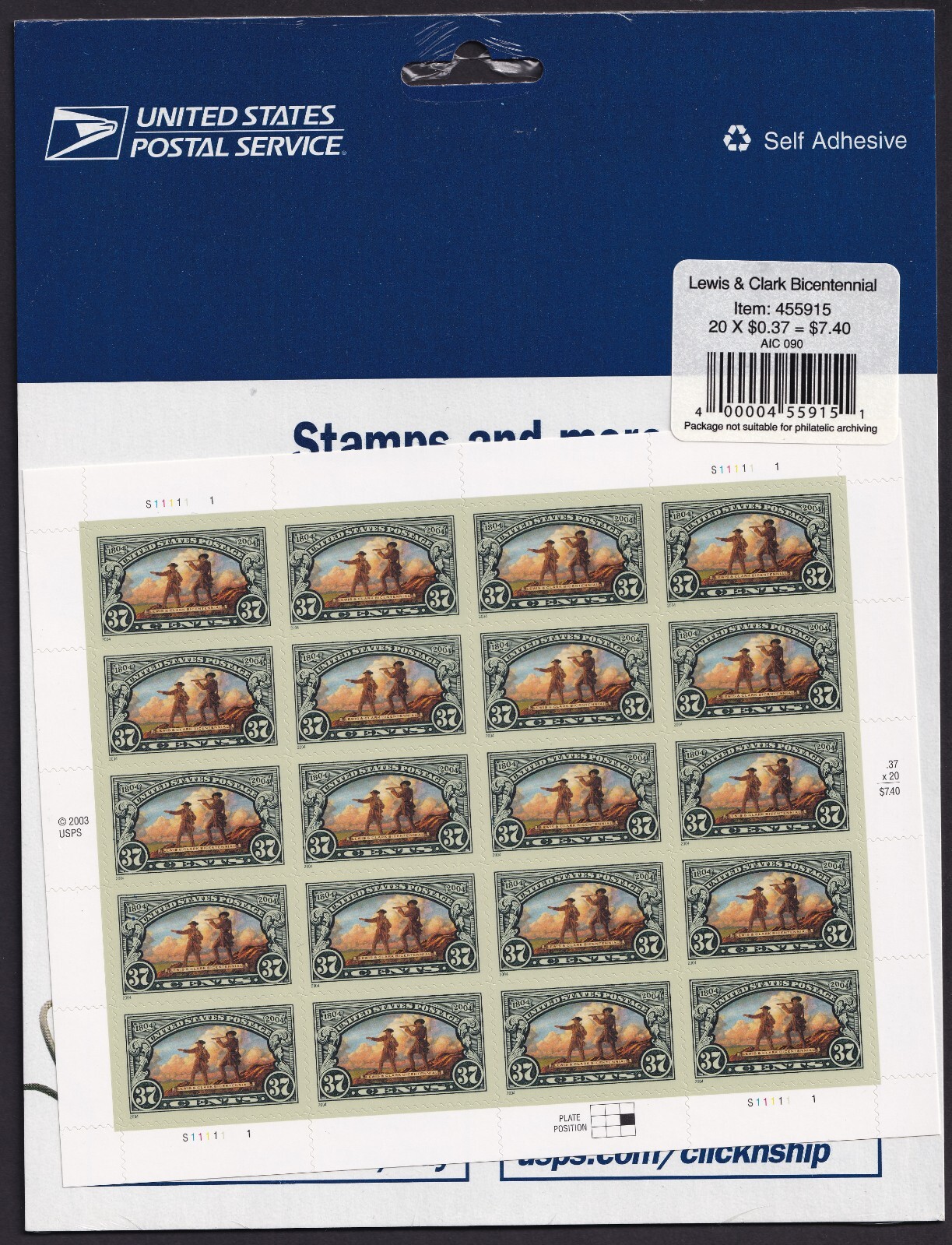 Scott #3854 Lewis and Clark (Thomas Jefferson) Sheet of 20 Stamps - Sealed Blue
