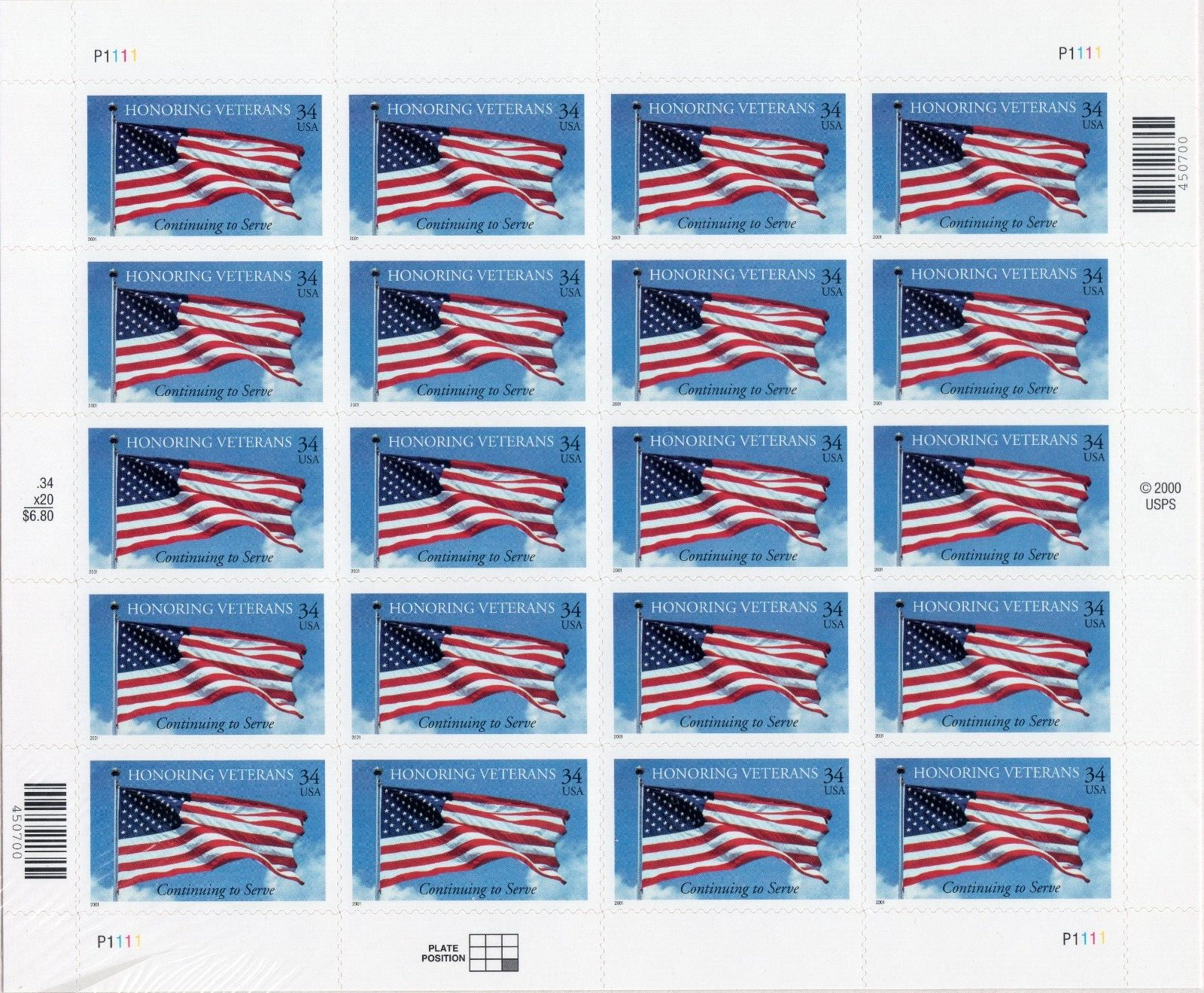 Scott #3508 Flag (Honoring Veterans) Sheet of 20 Stamps - Sealed White