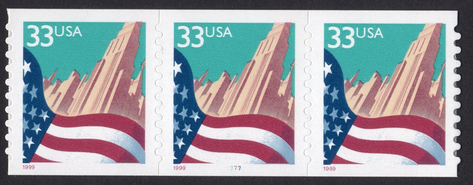Scott #3281 Flag Over City Plate # (PNC3) 3 Stamp Coil - MNH P#7777 Large Date