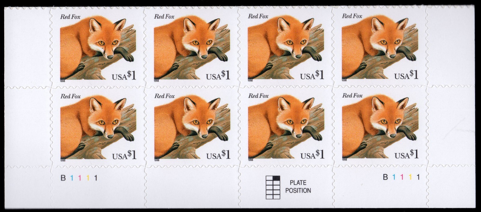 Scott #3036a Red Fox Half Sheet of 8 Stamps - MNH Bottom