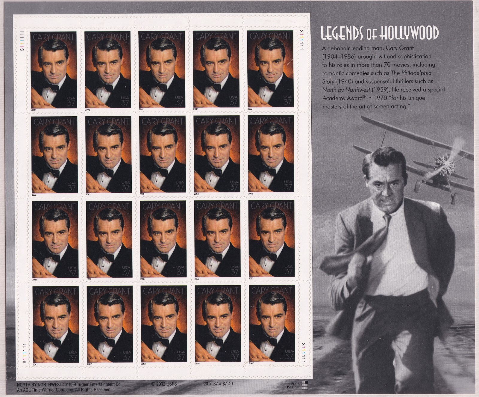 Scott 3692 Cary Grant (Legends of Hollywood) Sheet of 20 Stamps- MNH