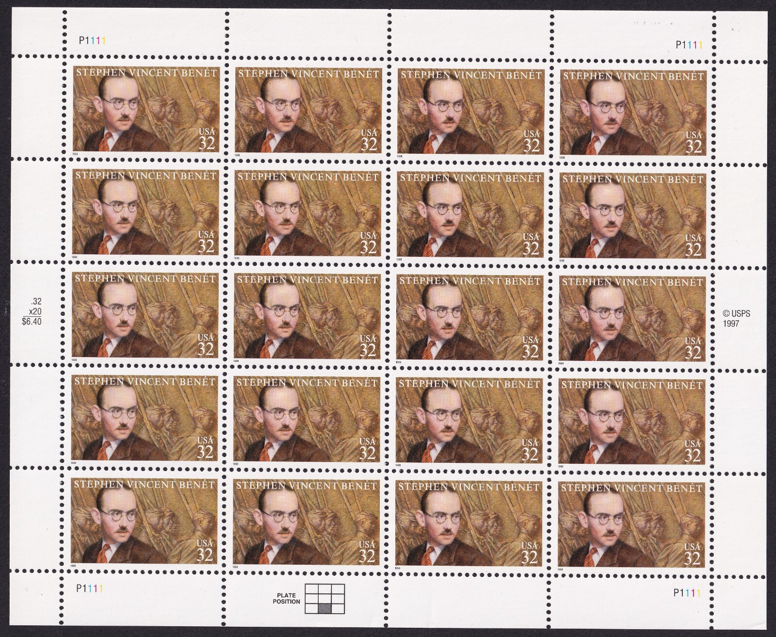 Scott #3221 Stephen Vincent Benet Sheet of 20 Stamps - MNH