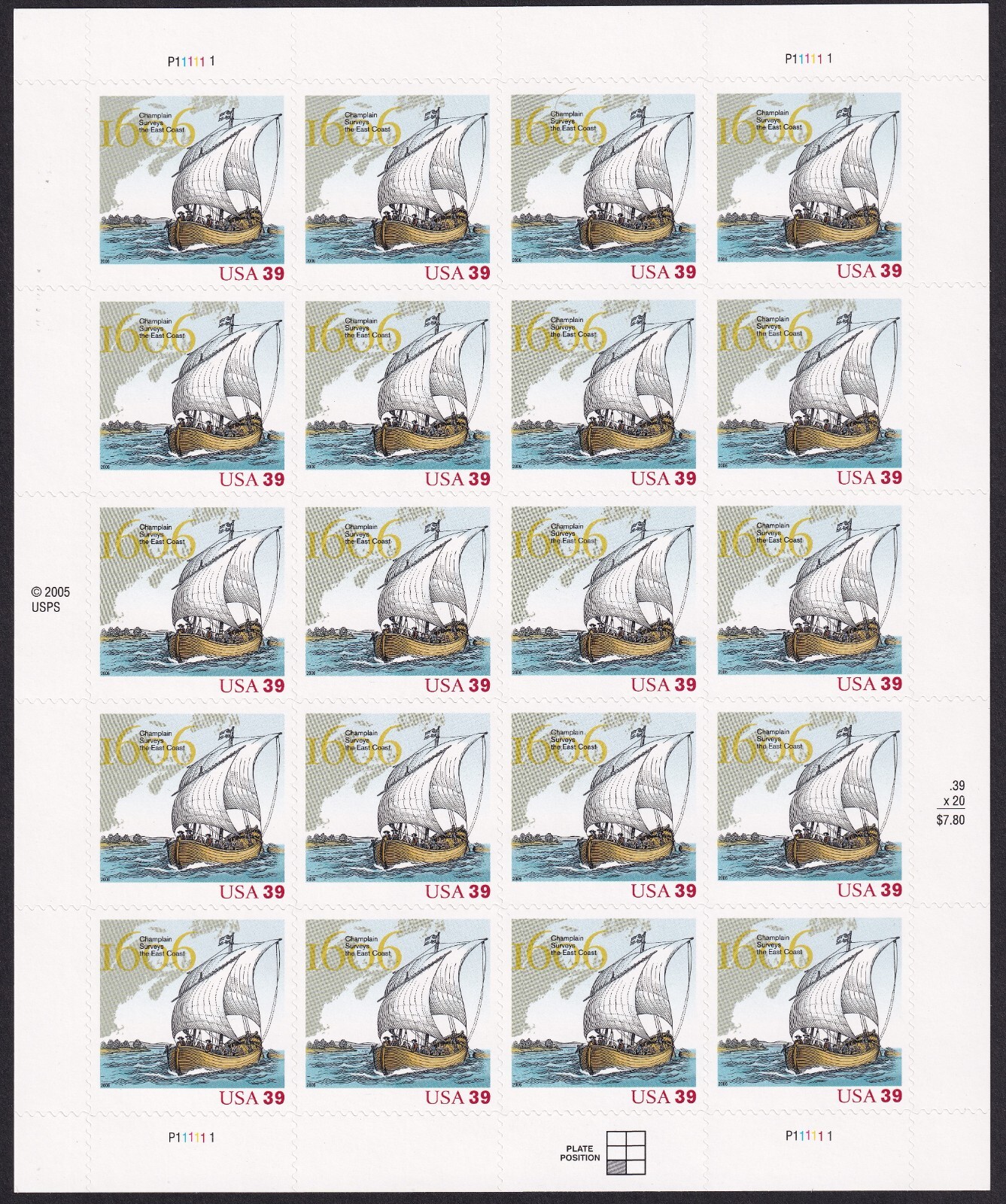 Scott #4073 Samuel de Champlain (French Explorer) Sheet of 20 Stamps - MNH